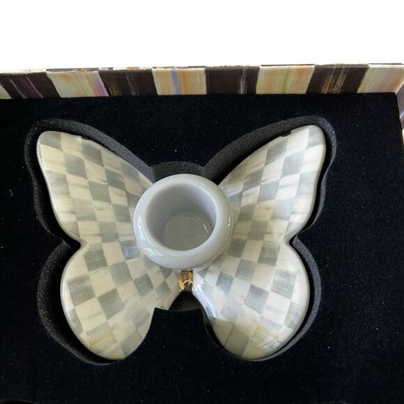 Brand New Mackenzie-Childs Sterling Check Butterfly Candle Holders Set of 2 - Picture 7 of 12